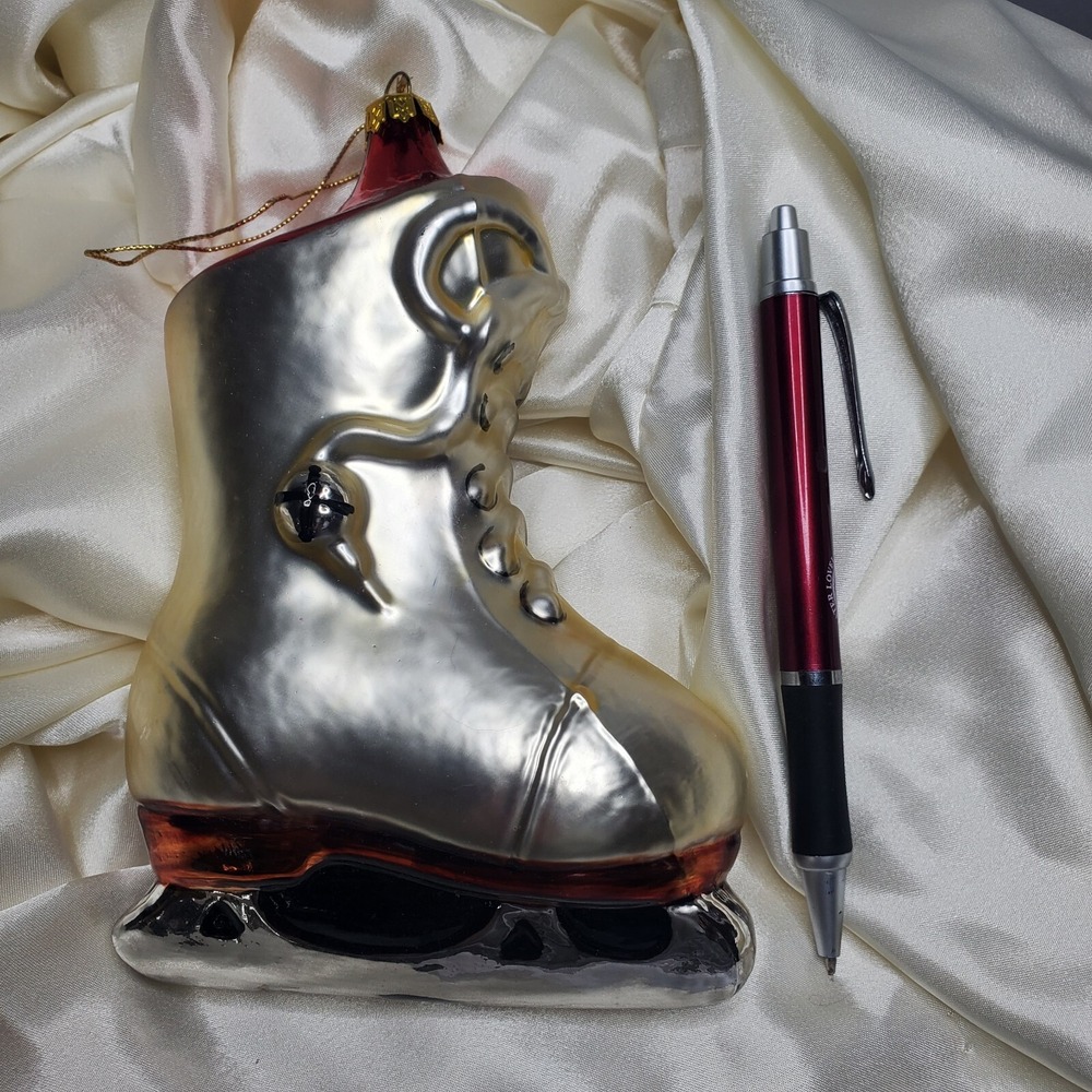 Vtg Figure Skate Ornament Blown Glass‎ Mercury Silver Ice Skate  7" Christmas